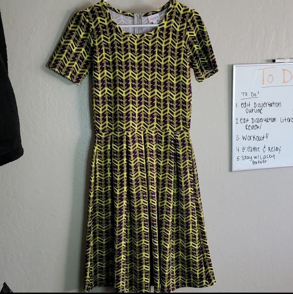 LuLaRoe Amelia Aztec Yellow and Purple Dress Size Small